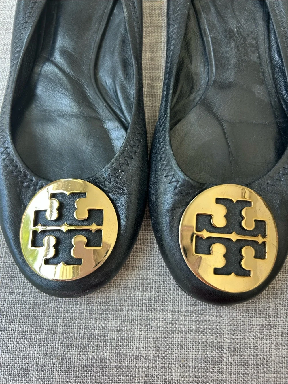 Tory Burch Black Reva Leather Ballet Flats with Gold Logo Medallions